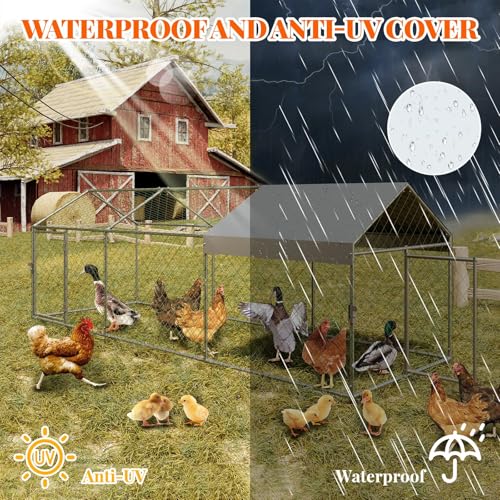 Garvee Metal Chicken Coop, Chicken Runs for Yard with Waterproof and Anti-UV Cover, 2 Door Portable Chicken Coop for Outdoor, Rabbit, Duck, Silver, 120"×40"×40" - color: silver, size: 120.0"L x 40.0"W x 40.0"H