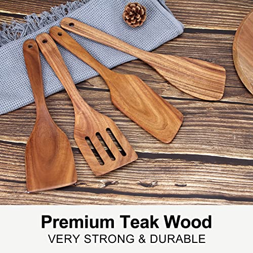 Non Toxic Wooden Spatula for Cooking Utensil Set Teak Kitchen Cooking Spoon | Flat Wood Spurtle Spatulas Set Bamboo Kitchen Utensils Slotted Turner Utensil Tool Cast Iron Scraper Thin Egg Spatula - color: 4 Pcs