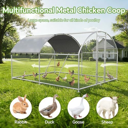 Large Metal Chicken Coop with Roosting Perch and Cover | Dome roof outdoor chicken run with waterproof UV-resistant cover, 10' W x 13.2' L x 6.4' poultry cage - size: 158.4"L x 120.0"W x 76.8"H