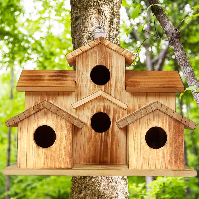 Bird Houses for Outside, 5 Hole Birdhouse Room for 5 Bird Families Bird House for Garden/Courtyard/Backyard Decor Finch Bluebird Cardinals Handmade Hummingbird House
