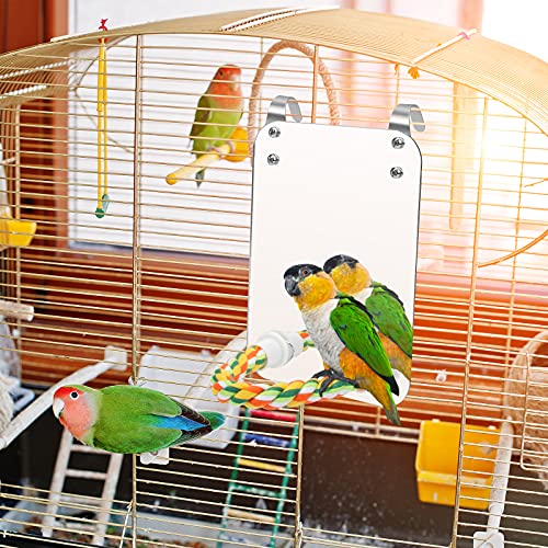 7" Bird Mirror for Cage, Parakeet Cockatiel Parrot Mirror with Rope Perch | Bird Swing Toys Parrot Grinding Stone with Bell for Parakeet Cockatoo Lovebirds Canaries