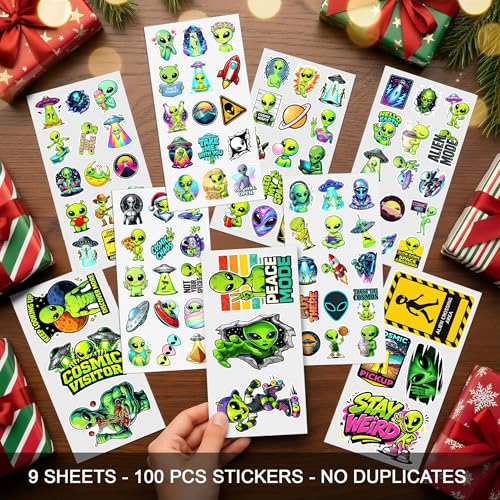 100 PCS Alien Stickers Pack, UFO Cosmic Space Galaxy Adults Teens | Vinyl Waterproof Decals for Car Laptops Water Bottle Scrapbooks Skateboards Journal PC Funny Gifts for Boys Men Travel Gears - color: Alien Stickers