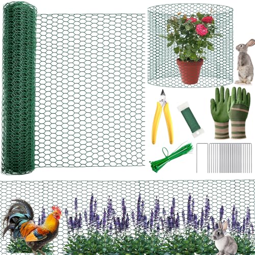 All-in-One 400 Inch Plant Protectors from Animals Kit - 0.85mm Heavy Duty Chicken Wire Cloche,Free-Cut Wire Mesh Roll Includes Pliers, Gloves, Ties, Stakes for Custom Outdoor Cages (16 * 400 Inch) - size: 16*400 Inch