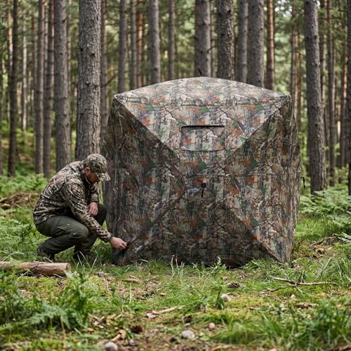 OUTLANE Hunting Blinds for Deer Turkey and Duck Hunting, Portable Hunting Tent with See Through Panels, Pop Up Ground Blind with Silent Windows, Camo Concealment, Weather Resistant Hunting Shelter - size: 58.26''x58.26''x64.96''