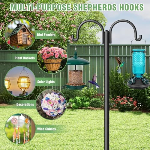 Double Shepherds Hooks for Outdoor, Heavy Duty Bird Feeder Pole with 5-Prong Base - Rust-Proof, Adjustable Bird Feeder Hanger for Garden, Wedding Decor & Hanging Plants - size: 108 Inch