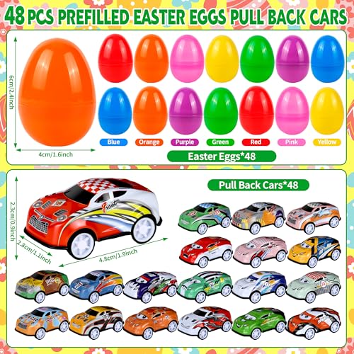 Seifar 48 Pack Prefilled Easter Eggs Filled with Pull Back Cars, Eggs with Racing Vehicle Inside, Easter Hunt Basket Stuffers Party Favors Classroom Prizes Gift for Kids Girls Boys - style: cartoon