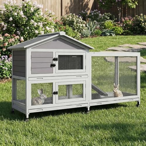 2-Story Wooden Rabbit Hutch & Chicken Coop with Wheels, Indoor/Outdoor Bunny Cage with Waterproof Roof, Removable Cleaning Tray & Access Ramp for Chicken, Rabbit - size: 63.2 inch