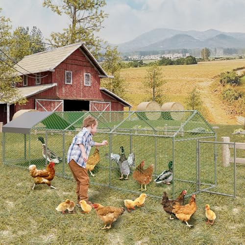 GAOMON Large Metal Chicken Coop with Waterproof and Anti-UV Cover, 160" x40" x40" Chicken Run with 4 Doors, Outdoor Hen House for Yard, Walk in Poultry Cage for Rabbit Duck Goose, Silver