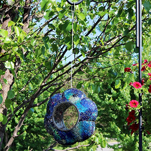 Sunnydaze Mosaic Glass Bird Feeder, Fly-Through, Indigo Flower Mosaic | 10" Small Unique Hanging Bird Feeder for Outdoors, Drainage Hole, Weather-Resistant, Birdfeeder for Cardinals, Jays, Finches - color: Indigo Flower Mosaic