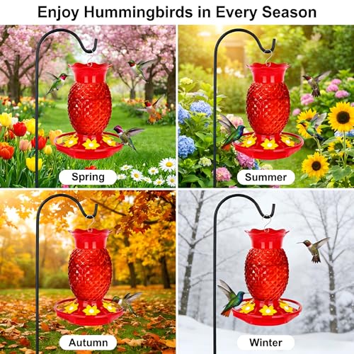 Fchstaer Glass Hummingbird Feeders for Outdoors Hanging 16oz 2 Pack Red Pineapple Bee & Ant Proof 360°Perch Leakproof Easy Clean with 6 Feeding Ports Gifts for Mom - color: Red-2PC