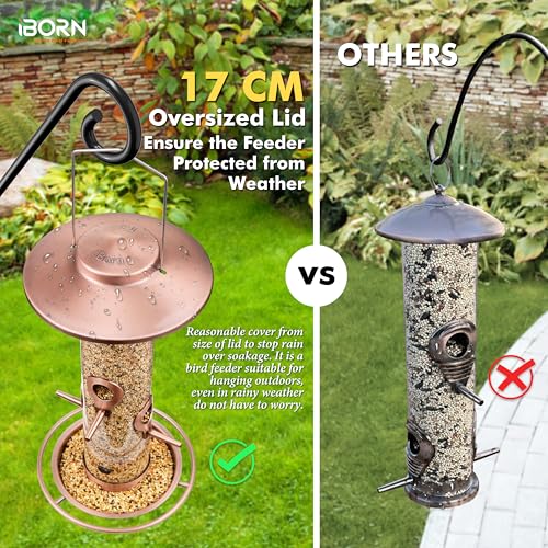 iBorn Bird Feeders for Outdoors, 1.5LB Metal Bird Feeders 17cm Large Roof &Tray, 4 Feeding Ports, Brushed Copper Finishing - color: Brushed Copper, 2LB, 4 Ports