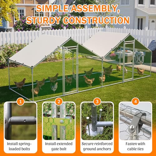 Large 2 Spire Roof Metal Chicken Coop 20×6.72×6.66FT with Run,Water-Resident Poultry Fence with Upgrade Wire Mesh and Anti-UV Cover,Walk-In Hens Pen for Yard,Outdoor Chicken Cage for Duck,Rabbit House - size: 240.0"L x 80.0"W x 79.0"H