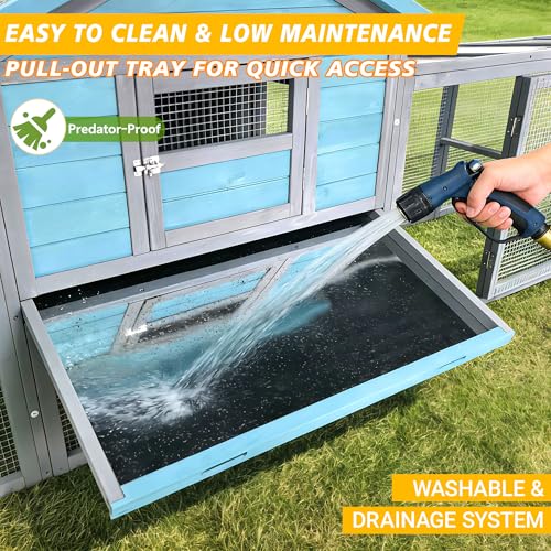 YOPTO Large Wooden Chicken Coop with Run Blue Gray 141.1 in | 21.2 ft² run, Fits 3–4 chickens, Nesting box, Sliding tray, Waterproof UV roof, Solid wood frame - size: 141 in