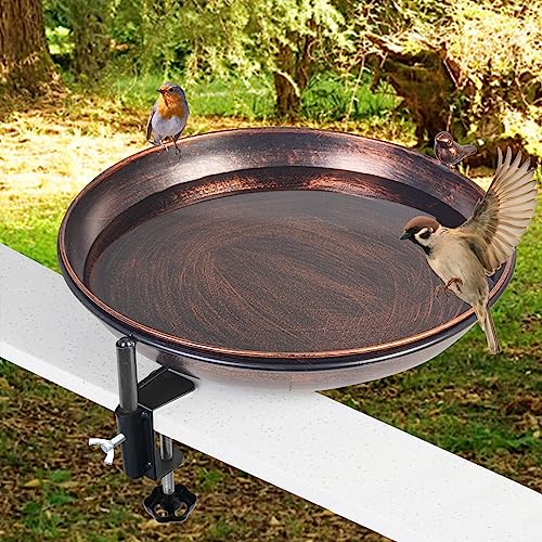 DREAMSOUL Deck Mounted Bird Bath Metal Birdbath Bowl Unheated with Lightweight Detachable, Bird Baths with Adjustable Sturdy Steel Clamp for Deck Railing Balcony Yard Garden Decoration - color: Bronze