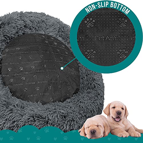 PetAmi Calming Donut Dog Bed, Washable Faux Fur, 23 Inch Small, Grey | Warm Shaggy Faux Fur and A Deep Nest Help Anxious Pets Curl Up and Sleep Soundly. Perfect for Puppies, Cats, and Rescues. - color: Gray, size: Small - 23"