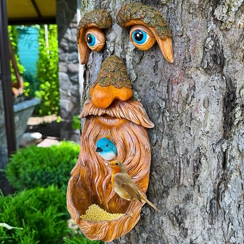 Mood Lab Tree Face Decor with Blue Bird Accent - Outdoor Old Man Face Decoration - Tree Garden Hugger - Yard Art Statue