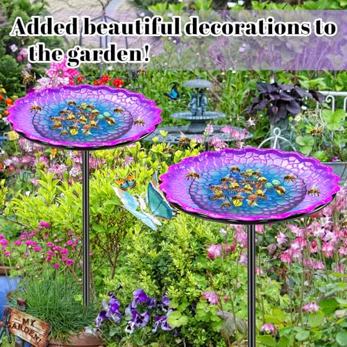 Bee Butterflies Watering Station, Standing Bee Feeder with Glass Marbles for Outside, Bee Bath Feeder with Metal Stakes Butterfly Puddler Garden Yard Déco (Purple) - color: Purple