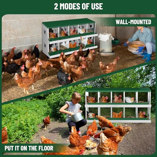 Garvee 10-Compartment Metal Chicken Nesting Box, Rustproof Galvanized Steel with Ventilated Holes, Removable Trays & Sturdy Bracket Legs, Easy Egg Collection - Green - color: Green, size: 10 Compartments