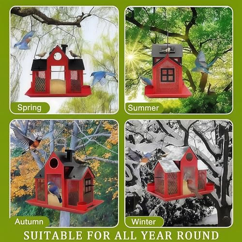 Solar Bird Feeders House for Outside Hanging, Metal Wild Bird Feeder for Outdoors Large Capacity Cardinal Birdfeeder Birdhouses Metal Bird Feeding Station Red - color: red