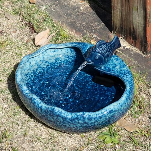 Ceramic Solar Bird Bath Fountain with Battery Backup,Solar Fountain Outdoor | Birdbath Fountain ,Solar Water Fountain for Garden, Patio & Yard Decor,Working at Night for at Least 6 Hours (Koi Fish).