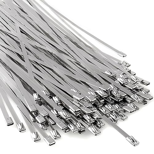 Metal Zip Ties Heavy Duty 11.8 Inch 304 Stainless Steel Cable Tie | 100 Pcs All-Weather Fastener Straps for Chain Link Fence, Exhaust Wrap & Outdoor Wire Mesh
