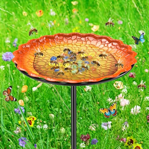 Bee Butterflies Watering Station, Standing Bee Feeder with Glass Marbles for Outside, Bee Bath Feeder with Metal Stakes Butterfly Puddler Garden Yard Déco (Yellow) - color: Yellow