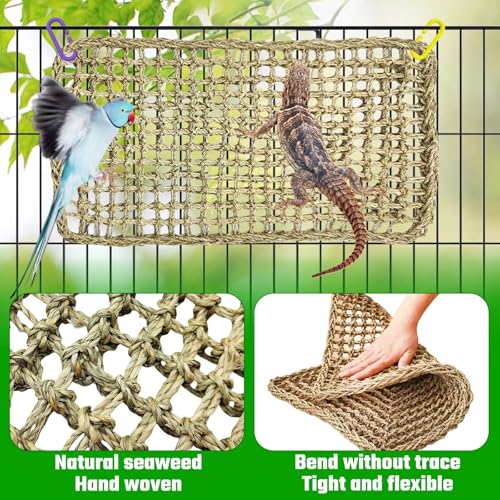 Large Bird Seagrass Mat 24 × 14 ''Natural Seagrass Woven Bird Net Hammock Climbing Rope Ladder with Hooks Chew Toy for Parrot Guinea Pig Lovebird Cockatiel Pigeon - size: 2Pcs 23.6" × 13.8"