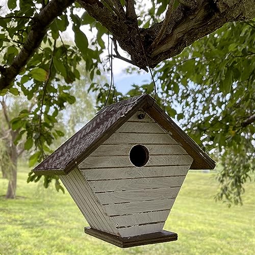 Shiplap Wren House - White Wood | 1.125-Inch Entrance Hole Sized for Wrens - Rear Clean-Out, Cable Hanger, Arrives Fully Assembled