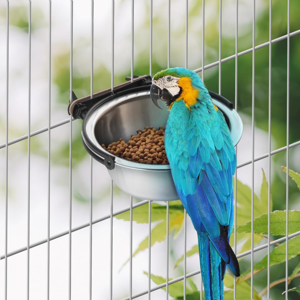 Small Bird Feeding Dish Cups 3.1In 12oz Stainless Steel Rust-Proof Parrot Cage Feeders with Clamp Holder Quick-Detach for Seed & Water, Fits Cockatiel Parakeet Macaw Finches Lovebirds