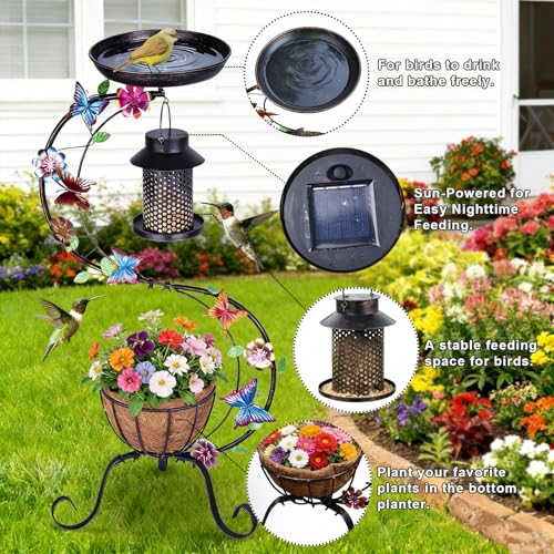 hogardeck 3-in-1 Vintage Bird Bath & Detachable Hanging Bird Feeder with Flower Planter, Metal Heavy Duty Outdoor Birdbath, Weather Resistant Decor for Garden Yard Lawn
