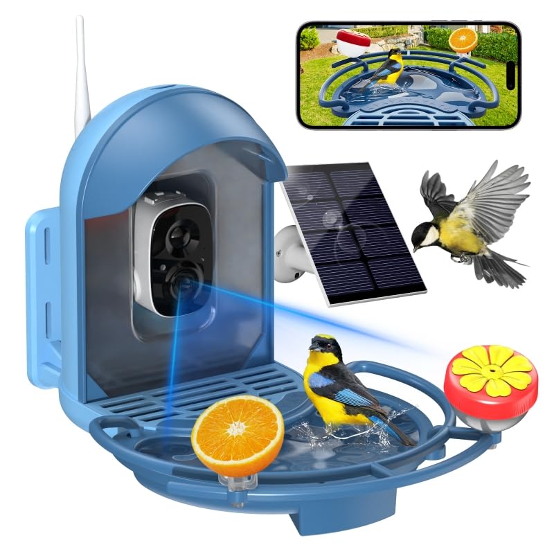 Bird Feeder with Camera, Smart Birdfeeder with Cam Solar Powered, 2K HD Video, AI Identification, Instant Arrival Alerts, IP66 Bird Bath & Feeder,Gift for BirdLover (with BirdBath, Blue) - color: Blue, style: With BirdBath