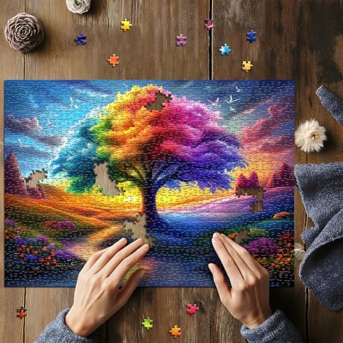 Rainbow Tree of Life Puzzles for Adults 1000 Pieces, Colorful Landscape Gradient Jigsaw Puzzle, Tree Nature Puzzle Scenery - style: Rainbow Tree of Life