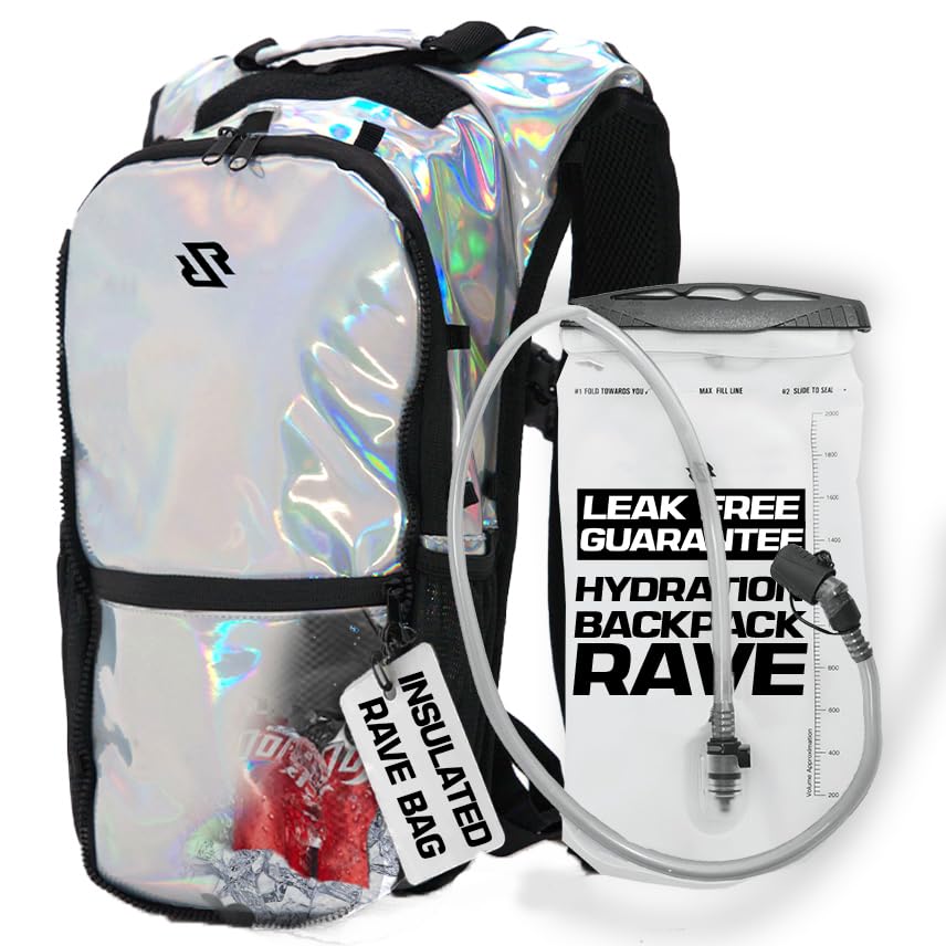 RAVERUNNER® Anti-Theft Hydration Backpack | Festival Approved Rave Backpack for Concert Goers, Leak-Free Festival Water Backpack for EDC, Rave Hydration Pack - color: Holographic