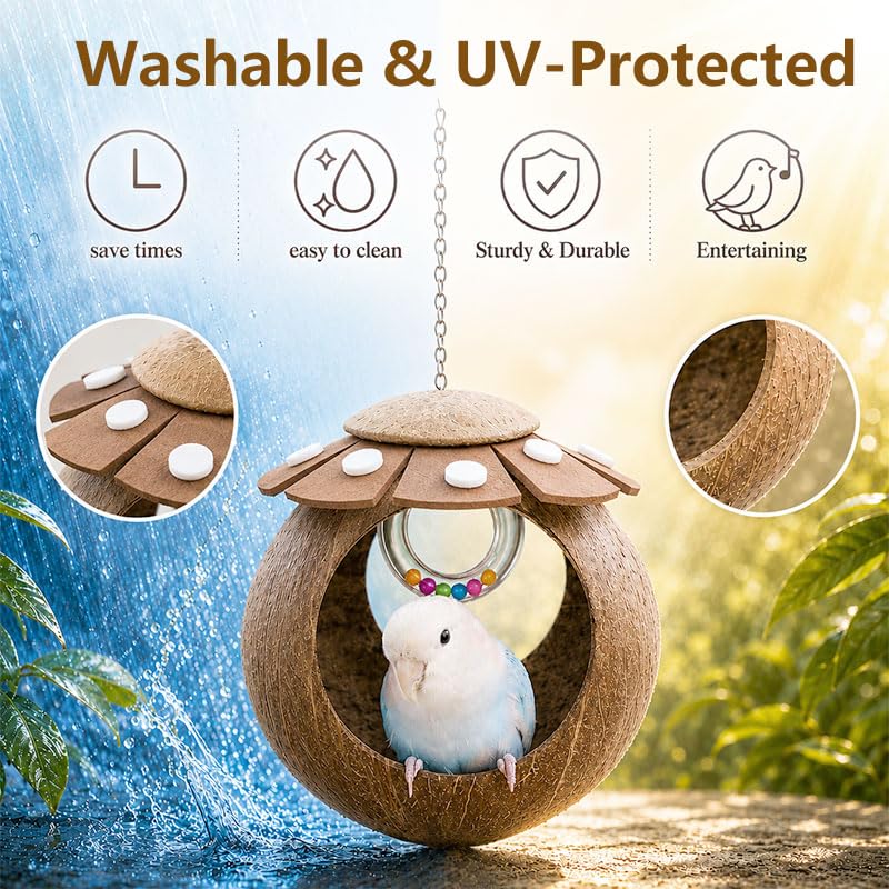 Handcrafted Coconut Bird Nest and Breathable Cage Hide Hut, Multi-Purpose Bird Cage Accessories, Suitable for Parakeets, Budgies, Lovebirds, Parrots, Hamsters and Small Pets