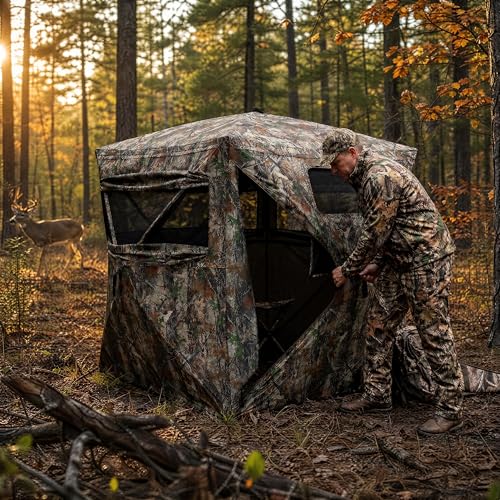 IDEALHOUSE Premium Hunting Blinds with See Through Mesh, Portable Hunting Tent for Deer Turkey and Waterfowl, Quiet Pop Up Ground Blind with Camo Concealment, All Weather Field Shelter with Carry Bag - size: 71x71x78.74 Inch