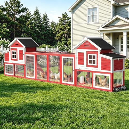 Chicken Coop with Run, Mobile Chicken Coop with Wheels for 4-6 Chickens, Large Outdoor Hen House with Nesting Box, Weatherproof Asphalt Roof, Pull-Out Tray for Small Animals in the Backyard - color: Red