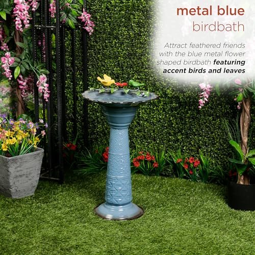 Alpine Corporation ORS112BL Vintage Metal Pedestal Birdbath with Stand, Shallow Bird Bath Bowl for Outside, 28" H, Blue - color: Blue