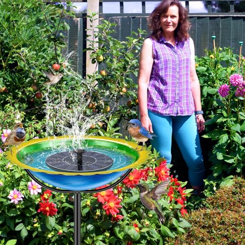 Metal Bird Bath for Outside, Garden Birdbath Bowl Freestanding Bird Feeders for Outdoors with 4 Prongs Base Stake, Standing Birdfeeders for Yard Lawn Decor (Blue Yellow) - color: Blue Yellow
