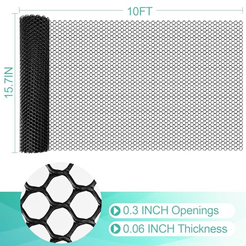 Plastic Mesh Fence Sheet 15.7IN x 10FT - 0.3IN Opening Plastic Chicken Wire Netting Roll Durable for Dogs, Poultry, Puppy, Garden Snake Barrier with 50 Pcs Zip Ties - Black - color: Black, size: 15.7IN x 10FT + 50Ties