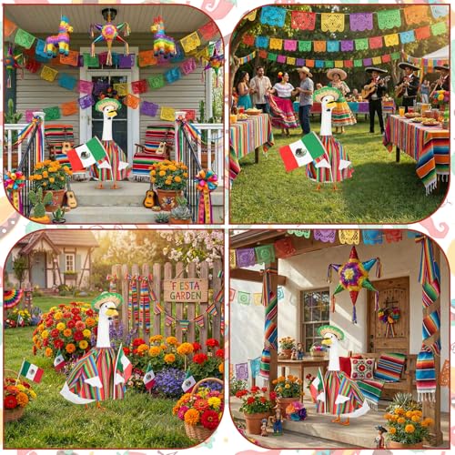 Abbylike Cinco De Mayo Porch Goose Outfit 4 Pcs Mexican Fiesta Yard Goose Costume for 23 Inch Cement Porch Geese, with Sombrero Beard Flag for Outdoor Garden Patio Statue Decor - style: Mexican Fiesta Beard