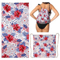 American Flag Beach Towel Bag - Blue Red Flower Microfiber 2 In1 Beach Blanket Drawstring Bag for Holiday Travel - color: American Flag Red