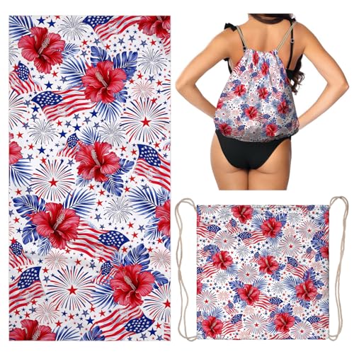 American Flag Beach Towel Bag - Blue Red Flower Microfiber 2 In1 Beach Blanket Drawstring Bag for Holiday Travel - color: American Flag Red