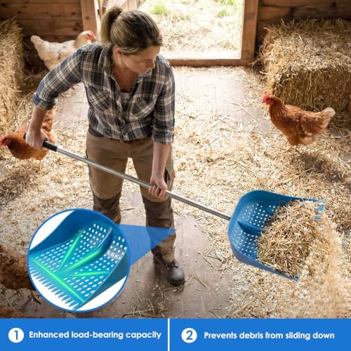 Thiswing Chicken Poop Scooper & Rake 2-in-1, Blue | Adjustable Handle Length, Features Manure Sifting Capability, Ideal for Chicken Coops and Farm Animal Cleaning - color: Blue