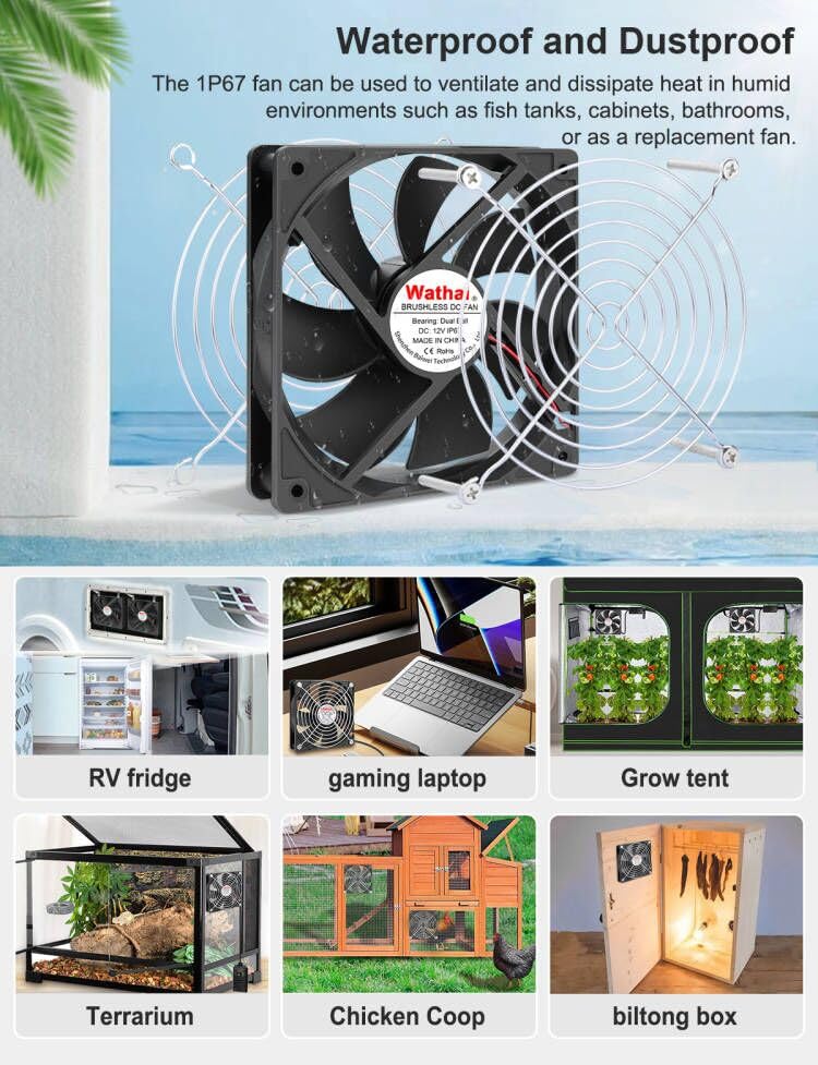 Wathai IP67 120mm DC 12V Exhaust Waterproof Fan Dual Ball 2pcs | High Preformance for Electronic Equipment Cabinet or DIY Cooling Ventilation Exhaust Projects IP67 2 Pack - size: 120x25mm