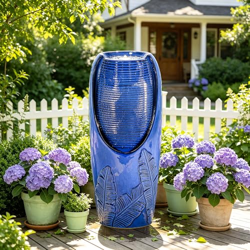 Autodaya 33" H Ceramic Jar Outdoor Water Fountain with Lights, Cobalt Blue | Natural Charm Water Feature with 3D Tropical Leaf Pattern, Soothing Cascading Waterfall for Peaceful Garden Patio Yard Porch - color: 32"h Cobalt Blue New