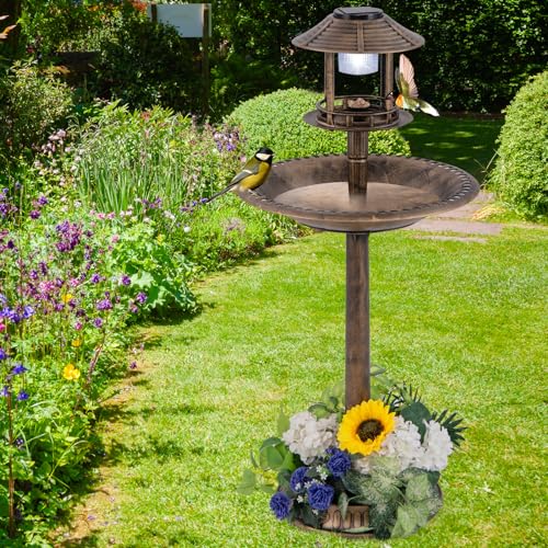 Solar Bird Bath, Pedestal Bird Bath with Bird Feeder, Flower Planter Base, and Solar Powered Lamp, Standing Birdbath for Outdoors, Garden, or Yard, 42 Inch Tall (Bronze) - color: Bronze
