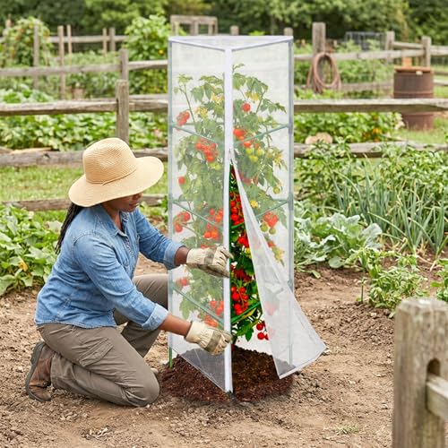 3PCS Garden Bird Netting for Triangle Tomato Cage with Zipper & Drawstring | 55" x 17.7" Inch Reusable Fine Mesh Plant Covers for Tomatoes, Fruits and Climbing Vines - size: 17.7x17.7x55in
