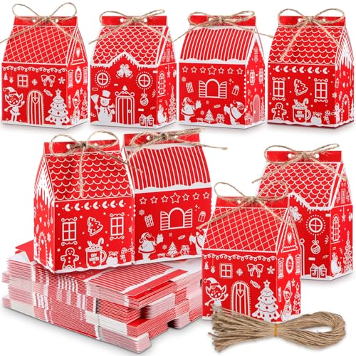 Zhanmai 48 Pcs Christmas Treat Boxes Candy Red Village Vintage Mini Gingerbread House Favor Box Christmas Party Paperboard Gift Boxes for Xmas Holiday Party Treat Cookie Goodie Snack Gift Packaging - style: Red Christmas