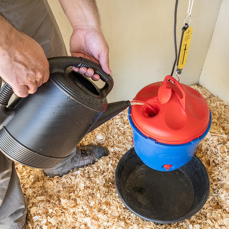Premier 1 All-Season Heated Poultry Waterer for Chickens & Ducks – 3 Gallon | 100W thermostat keeps water unfrozen to -20°F. Quick-fill cap, 3 recessed nipples, 16 ft detachable cord. Up to 35 birds.