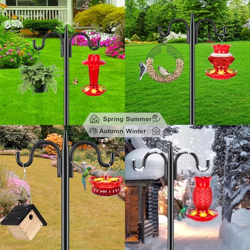 Gtongoko Bird Feeder Pole for Outdoors Heavy Duty, 2 Pack 63 Inch Double Shepherds Hook with 5-Prong Stable Base, 5/8 Inch Thick Hummingbird Feeder Stand for Hanging Plants, Lanterns - size: 63 Inch